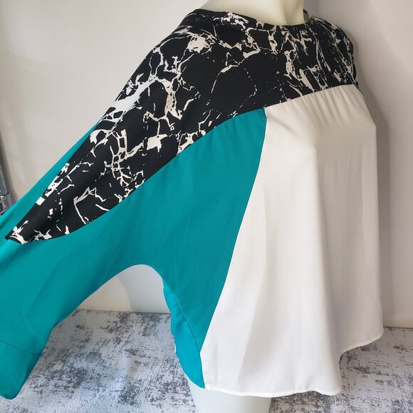 Calvin Klein Blouse Turquoise Black White 3/4 Sleeve - Picture 1 of 13